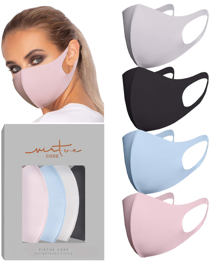Second Skin Cloth Face Mask Pack. 4 Buttery Soft Masks Washable Fabric - Pink, Baby Blue, Soft Grey and Black Face Mask Reusable. Stretchy, Comfortable, Fresh Facemask.