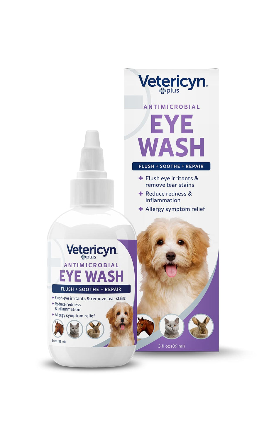 Plus Dog and Cat Eye Wash | Eye Drops for Dogs and Cats to Flush and Soothe Eye Irritations, Dog Tear Stain Cleaner, Safe for All Animals. 3 ounces