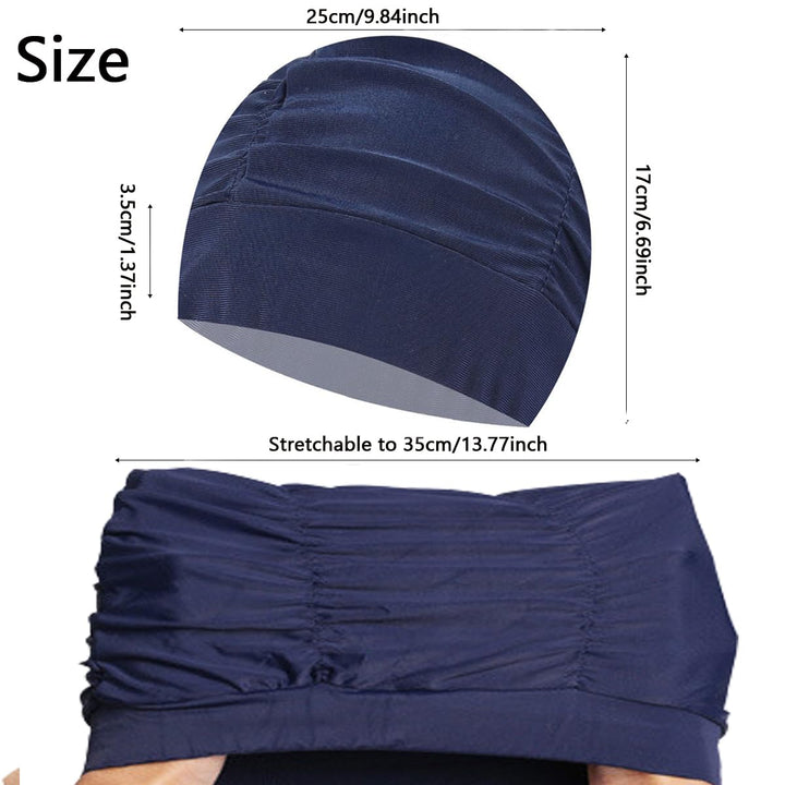 Colorful Pleated Nylon Cloth Swim Cap Large Swimming Cap Hot Spring Bathing Caps for Adult Men Women Long Hair(Navy Blue)