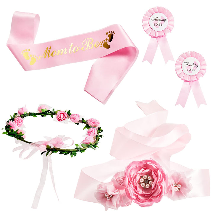 5 Pcs Baby Shower Maternity Sash Kit Shoulder Sash and Pin Daddy Corsages Flower Crown Pregnancy Sash Rose Wreath Headdress for Baby Shower Pregnancy Parents Prop Present Party Favor(Pink)