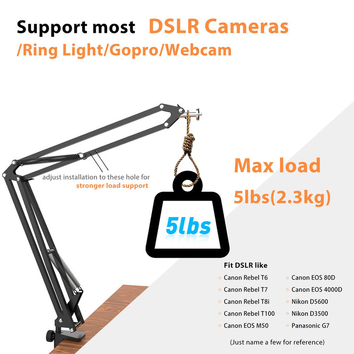 Overhead Tripod For DSLR Cameras, Heavy Duty Camera Desk Mount Stand with Flexible Articulating Boom Arm, Camera Holder Table Clamp for Canon Nikon Sony Fuji SLR Mirrorless Cam Video Photography