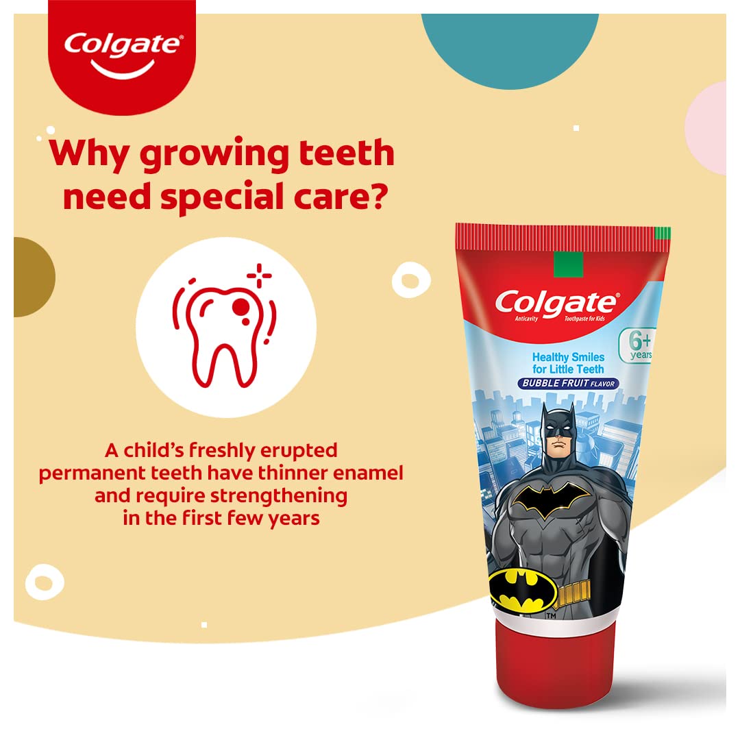 Kids Toothpaste For 6+ Years, Batman, Bubble Fruit Flavour, Gentle Protection, Enamel Protection Tooth Paste With 50% Lesser Abrasive Formula For Protecting Against Cavities, 80 Gram