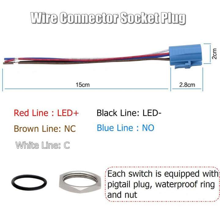 19mm 3/4 Latching Pushbutton Switch LED 12V DC 5A Power Symbol ON-OFF Waterproof Toggle Switch Stainless Steel Shell with Wire Connector Plug(Red light)