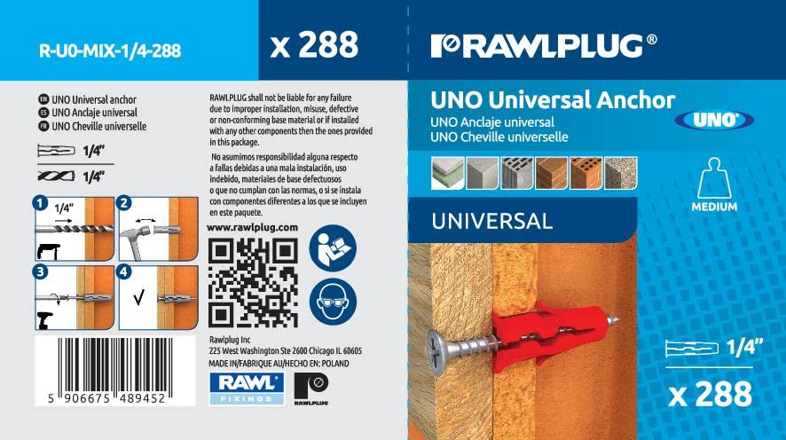 RAWLPLUG® Rawl® Uno Universal Plastic Drywall Anchors 1/4, Drywall, Hollow Wall and Solid Materials, Set of 288 Anchors on a Clip Card (3x96 Anchors)
