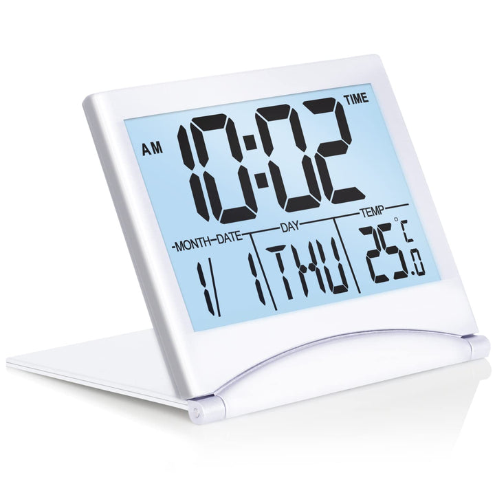 Digital Travel Alarm Clock with White Backlight - Foldable Calendar Temperature Timer LCD Clock with Snooze Mode - Large Number Display, Battery Operated - Compact Desk Clock for All Ages