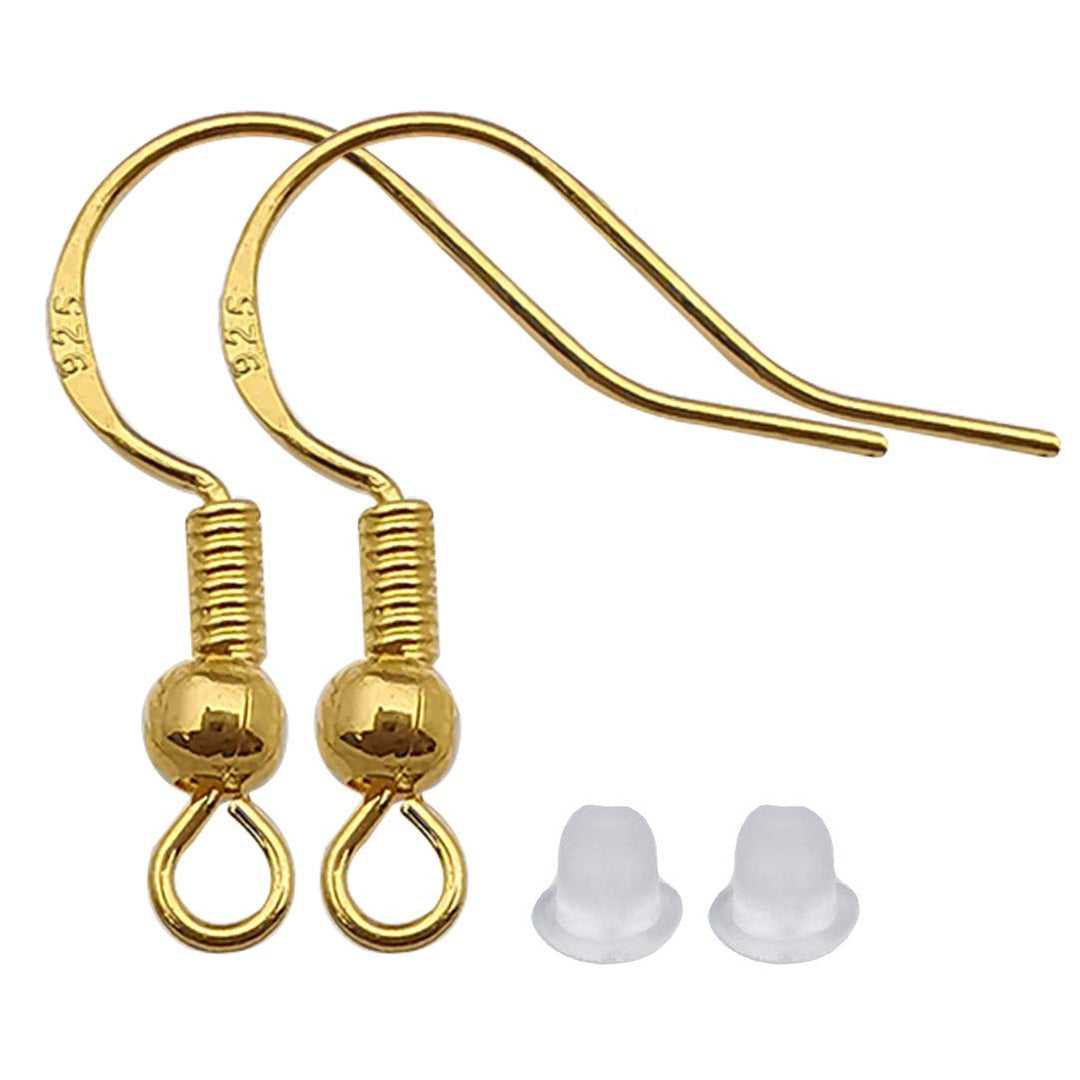 200 PCS/100 Pairs 925 Gold Hypo-allergenic Earring Hooks Fish Hook Ear Wires French Wire Hooks Jewelry Findings Earring Parts DIY Making with 200 PCS Clear Rubber Backs (11782)