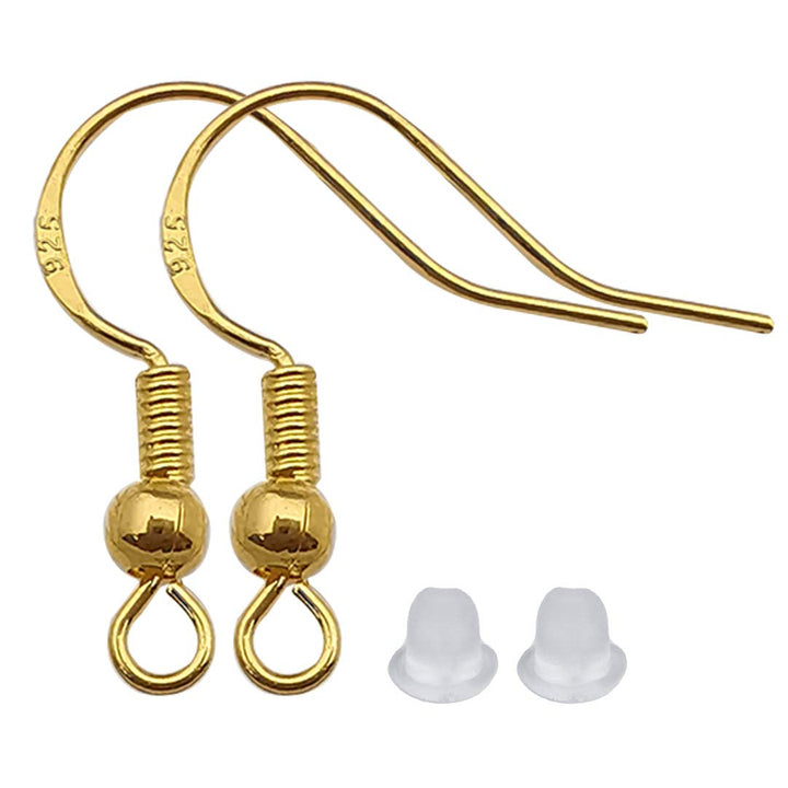 200 PCS/100 Pairs 925 Gold Hypo-allergenic Earring Hooks Fish Hook Ear Wires French Wire Hooks Jewelry Findings Earring Parts DIY Making with 200 PCS Clear Rubber Backs (11782)