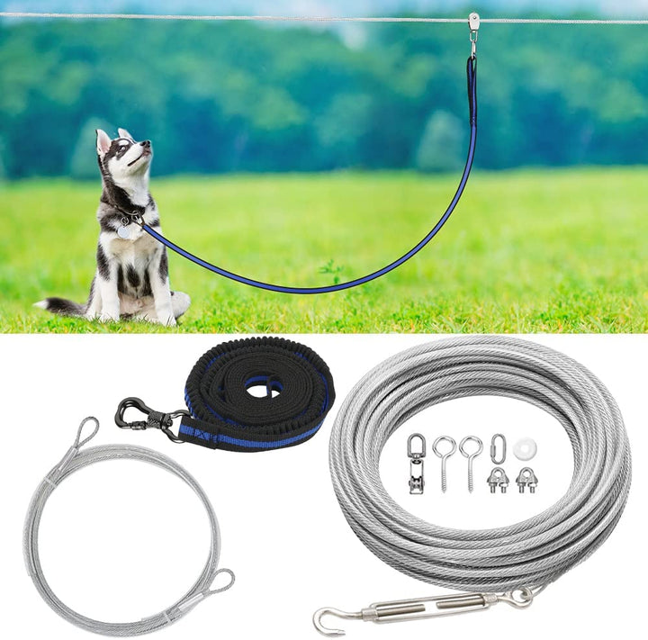 Dog Tie Out Cable, 100ft Dog Trolley Runner Cable for Dogs up to 250lbs, Dog Lead for Yard, Camping, Outdoor, with 8 Ft Nylon Bungee Runner, Cable Sling to Protect Trees