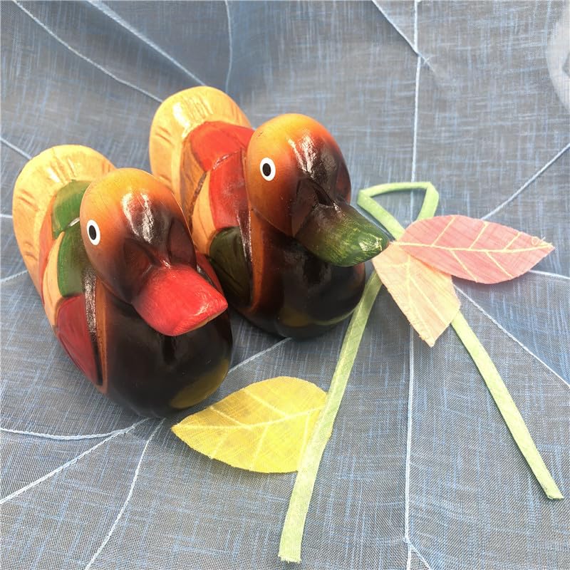 Wooden Mandarin Duck Ornament Craft Home Décor Accents Duck Figurine, 2 Pcs