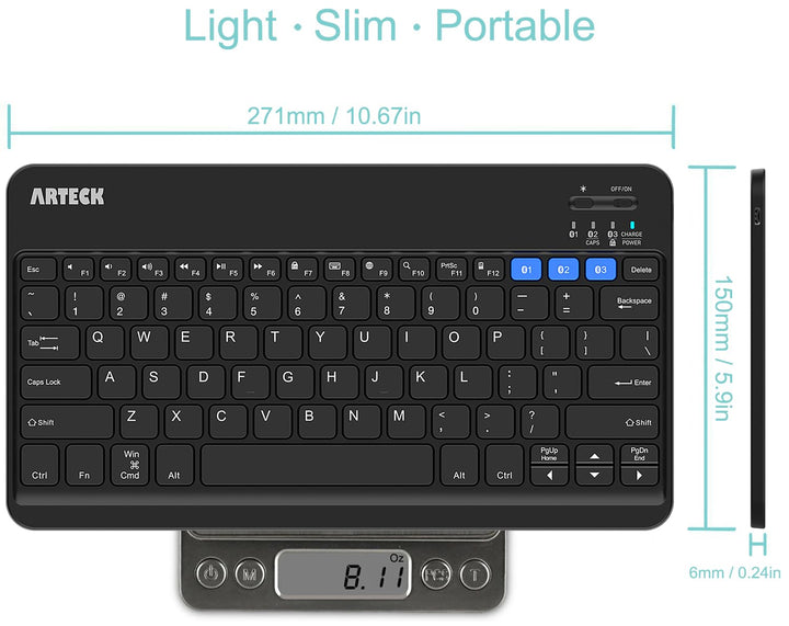 HB220B Universal Backlit 7-Colors & Adjustable Brightness Multi-Device Slim Portable Wireless Bluetooth 3.0 Keyboard for iOS, Android, Windows Tablet PC Smartphone Built in Rechargeable Battery
