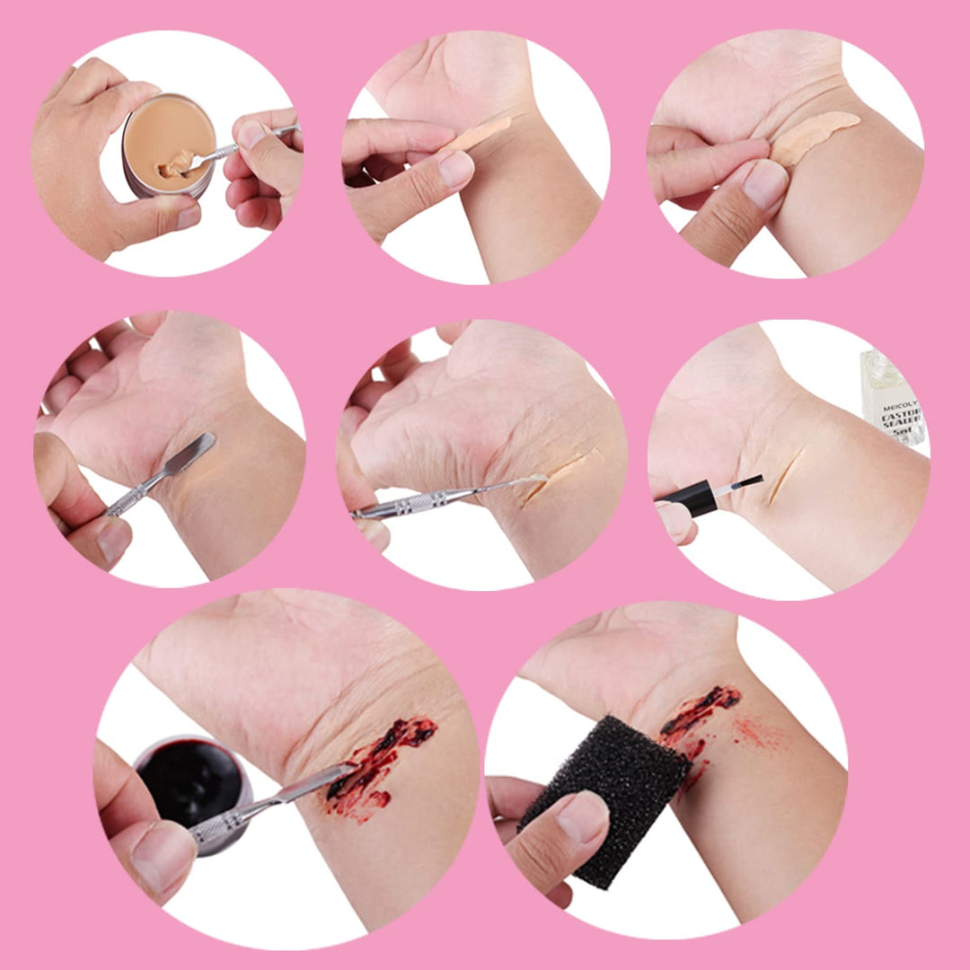SFX Makeup Kit Scars Wax, Fake Blood Spray(2.1Oz) Halloween Special Effect Wound Modeling Skin Wax(1.67Oz) with Spatula, Black Stipple Sponge, Coagulated Blood Gel(1.06Oz),5ml Castor Sealer,02