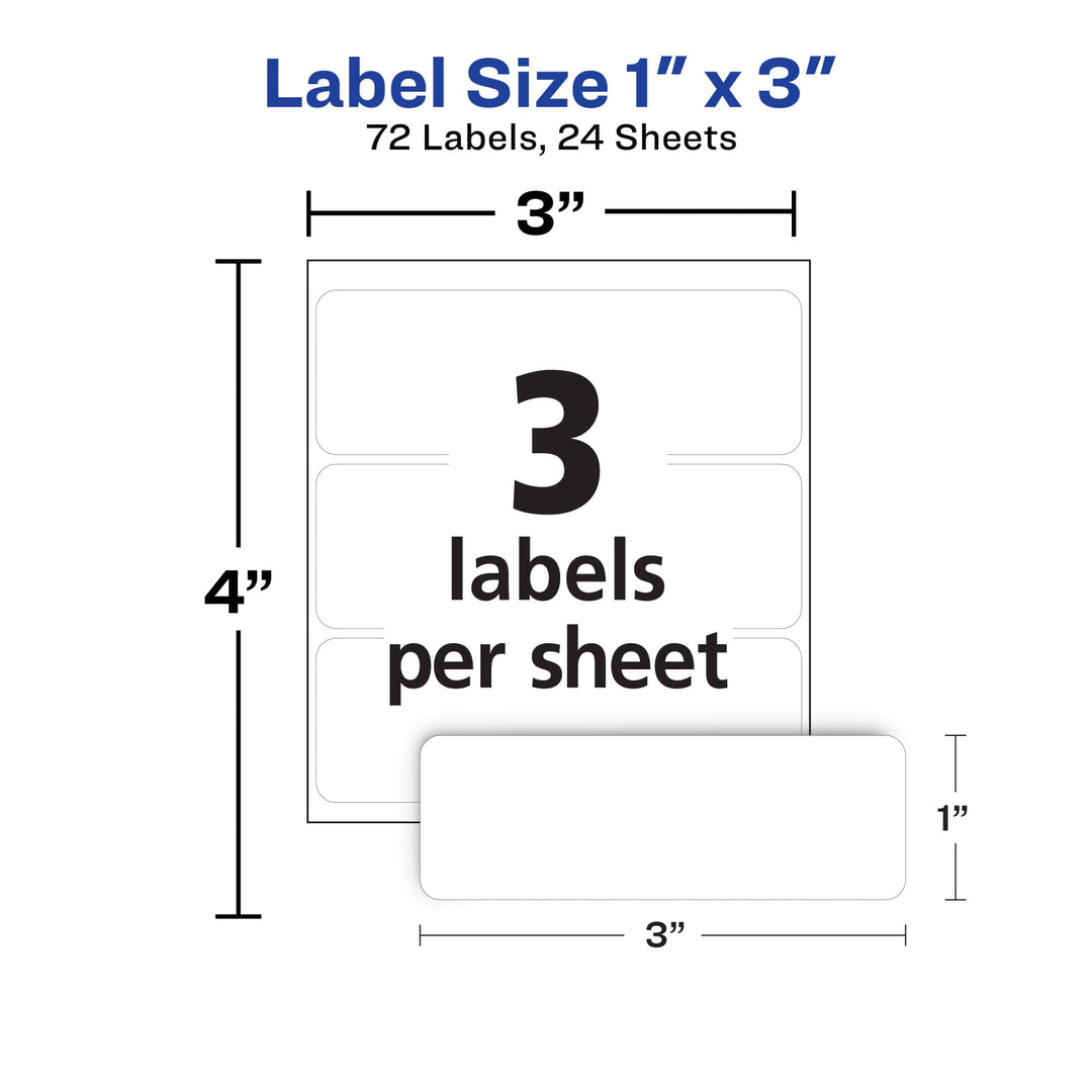 Removable Labels, Rectangular, 1 x 3 Inch, White, Pack of 72 (06728)