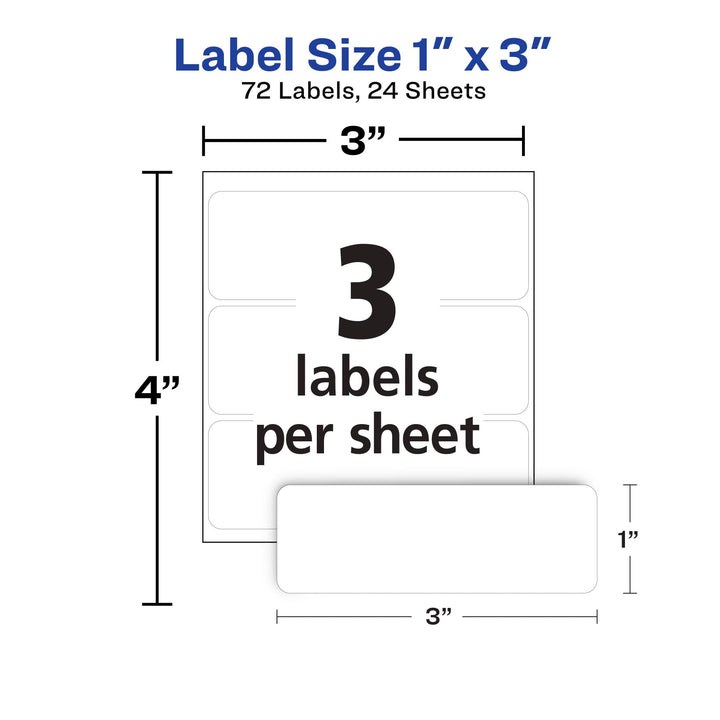 Removable Labels, Rectangular, 1 x 3 Inch, White, Pack of 72 (06728)