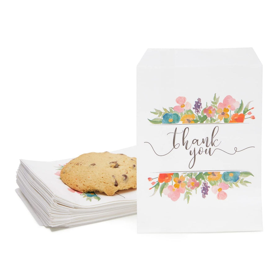 100 Pack Thank You Paper Treat Bags, Sleeves for Cookies, Goodies, Candy, Party Favors (Floral, 5 x 7.5 in)