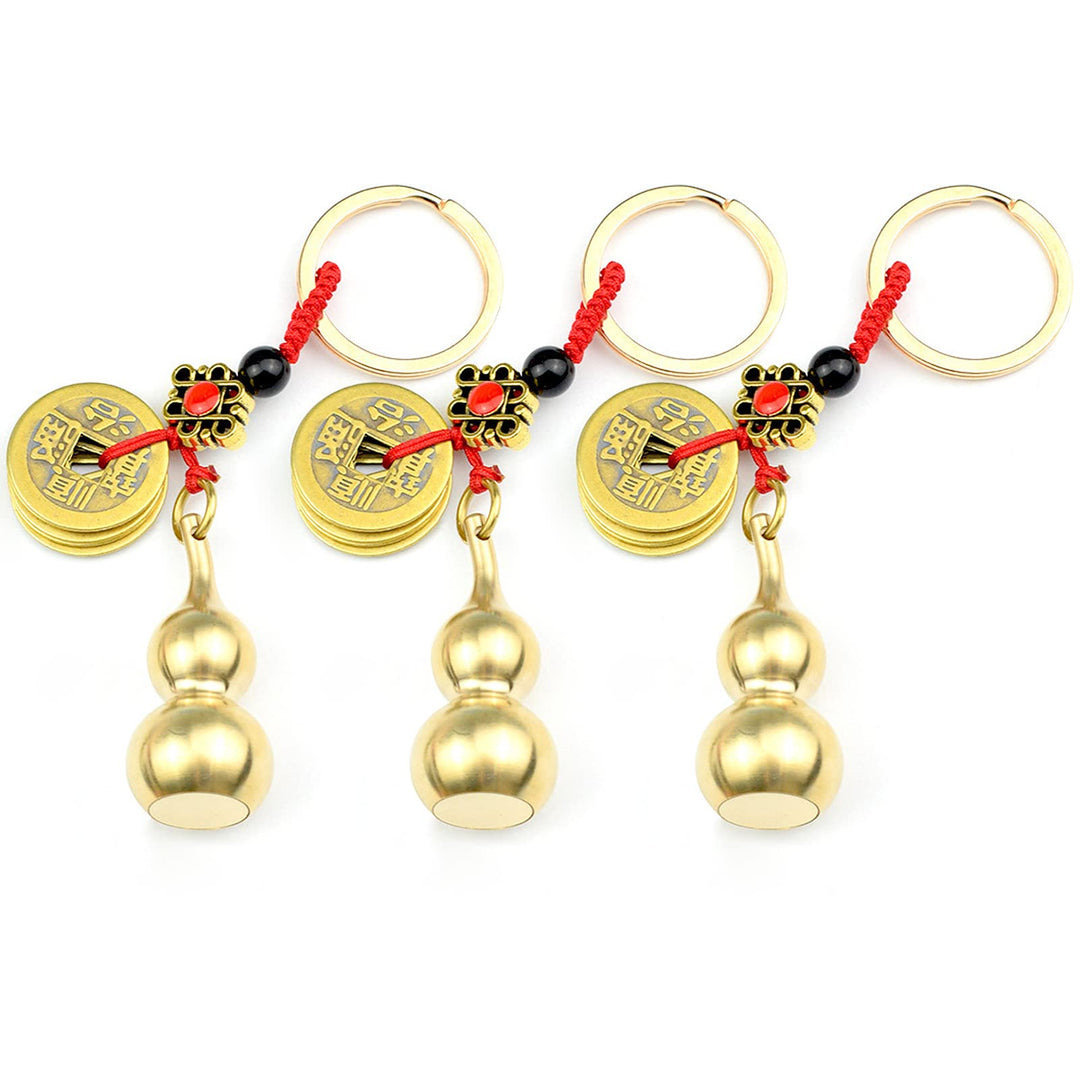 3PCS Chinese Gourd Brass Wu Lou Keychains, Gold Feng Shui Coins for Good Luck Fortune Longevity Success, Detachable Calabash Decorations Pendant Key Rings to Stuff Bless Prayer Note (Bottom Open)