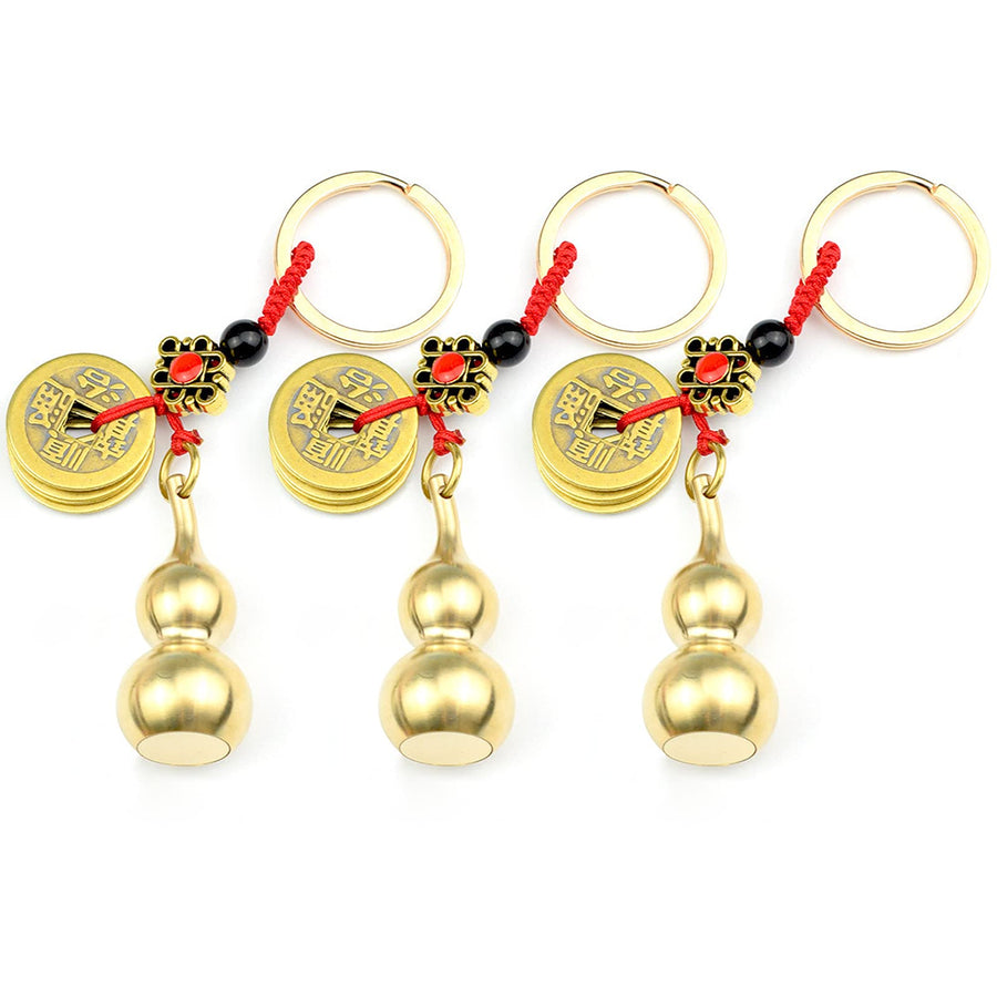 3PCS Chinese Gourd Brass Wu Lou Keychains, Gold Feng Shui Coins for Good Luck Fortune Longevity Success, Detachable Calabash Decorations Pendant Key Rings to Stuff Bless Prayer Note (Bottom Open)