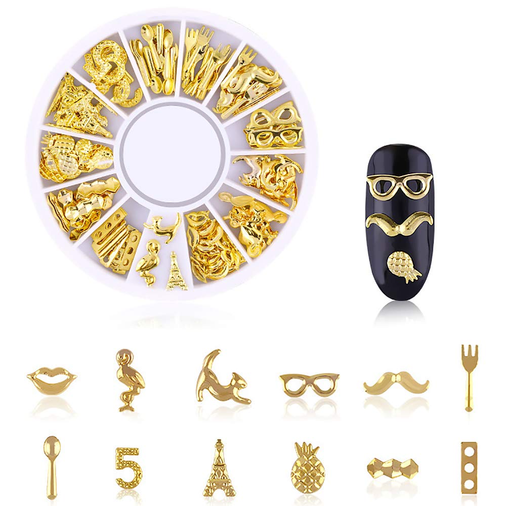 6 Boxes Gold Hollow Nail Metal Studs Modern Cross Geometry Nail Art Charm 3D Nail Jewelry Decoration With 1Pc Tweezers And Picker Pencil