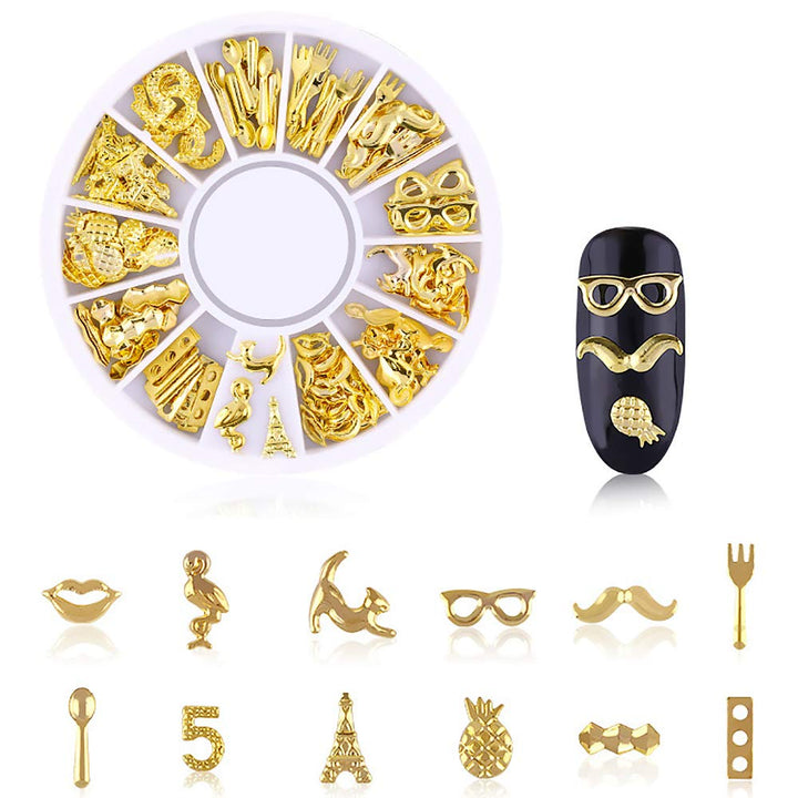 6 Boxes Gold Hollow Nail Metal Studs Modern Cross Geometry Nail Art Charm 3D Nail Jewelry Decoration With 1Pc Tweezers And Picker Pencil