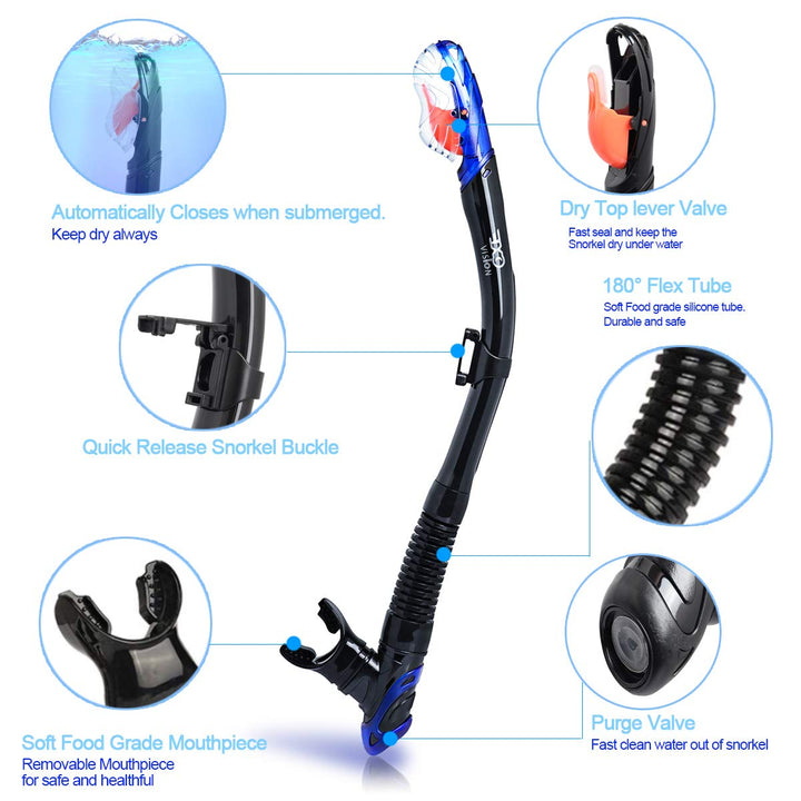 Dry Snorkel, Adult Dive Snorkel Free Breath Diving Snorkel Tube Food-Grade Silicone Mouthpiece Snorkeling Gear with Splash Guard Top Valve and Headstrap Clip for Snorkeling Swimming