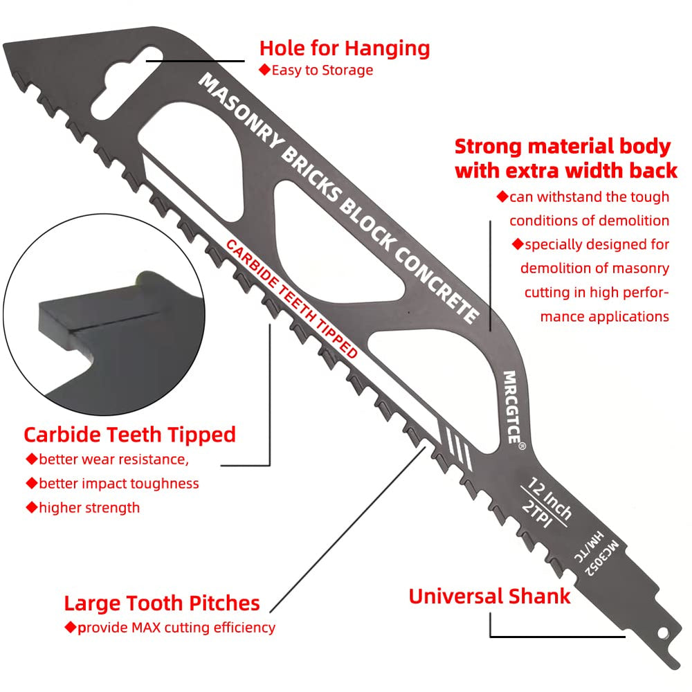 12-Inch Masonry Reciprocating Saw Blade, 2 TPI Tungsten Carbide Teeth Tipped Brick Cutting Recip Saw Blade, Demolition Saw Blade for Cutting Red Brick, Light Brick, Fiber Cement, Aerated Concrete, Porous Concrete, Cinder Block