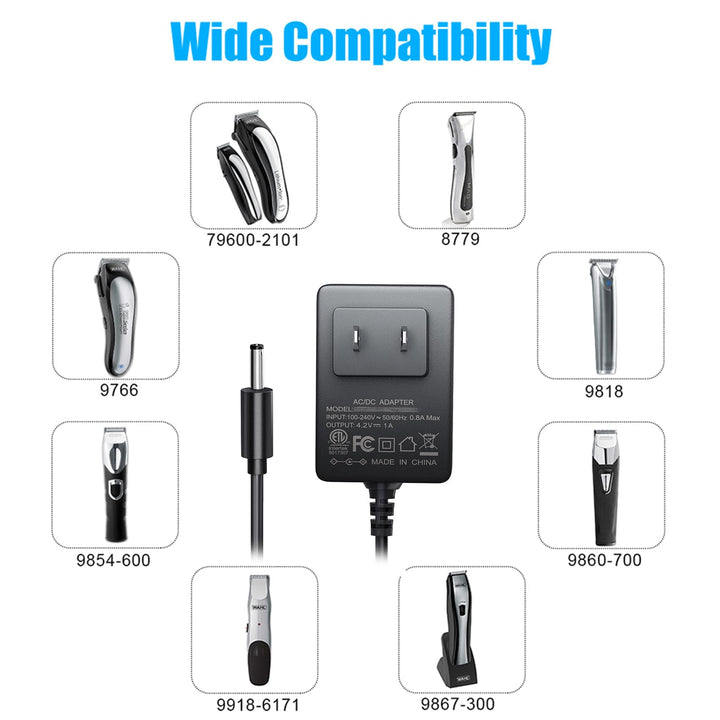 4.2V Charger Cord for Wahl Trimmer Clipper 9818 9818L 9854L WNT-8 WNT-9 9864 9876L 9880L 9888L Lithium Ion Beard Shaver Groomer S003HU0420060 S004mu0400090 Class 2 Power Supply Replacement