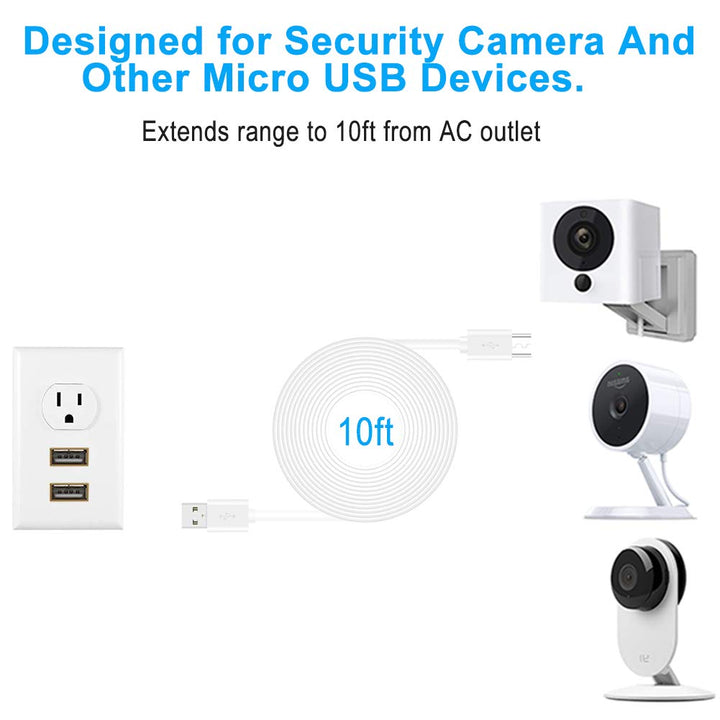 3 Pack 10FT Power Extension Cable for Wyze Cam Pan/WyzeCam/Kasa Cam/YI Dome Home Camera/Furbo Dog/Nest Cam/Arlo Q/Blink/Cloud Camera,USB to Micro USB Durable Charging and Data Sync Cord