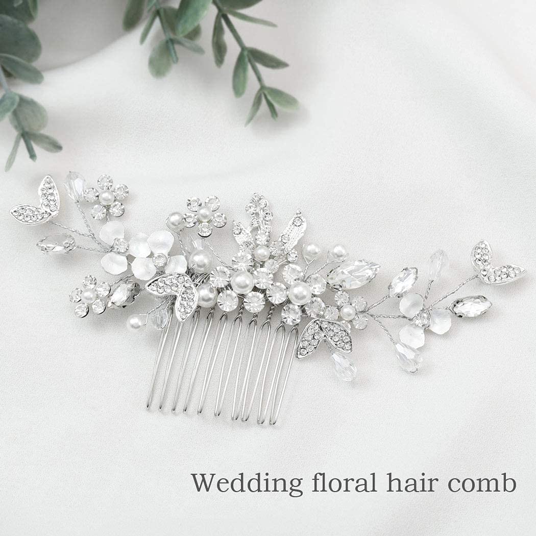 Bride Wedding Leaf Hair Combs Delicate Crystal Bridal Headpieces Flower Hair Accessories for Women and Girls (Silver)