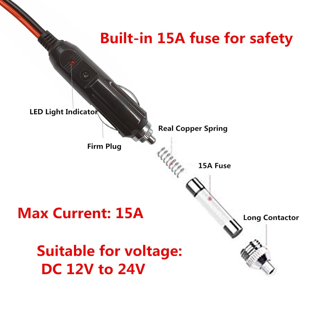 DC Car Charger Cable - DC 5.5mm x 2.1mm Connector to Cigarette Lighter Male Plug with Extra 2 Connectors 12-24V DC Car Charger Auto Power Supply Cord 15A for Portable DVD Player, Car, Camera