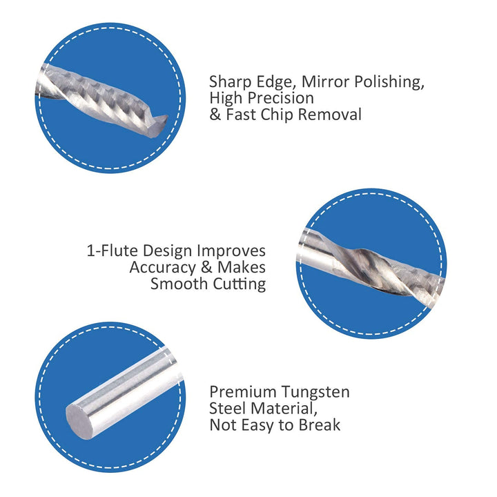 1/8 Shank CNC Router Bits Inch Shank 3.175mm End Mill Single Flute Spiral Router Bit Milling Cutter Upcut Cutting Engraving Single Edged Acrylic Plastic MDF 10 Pack