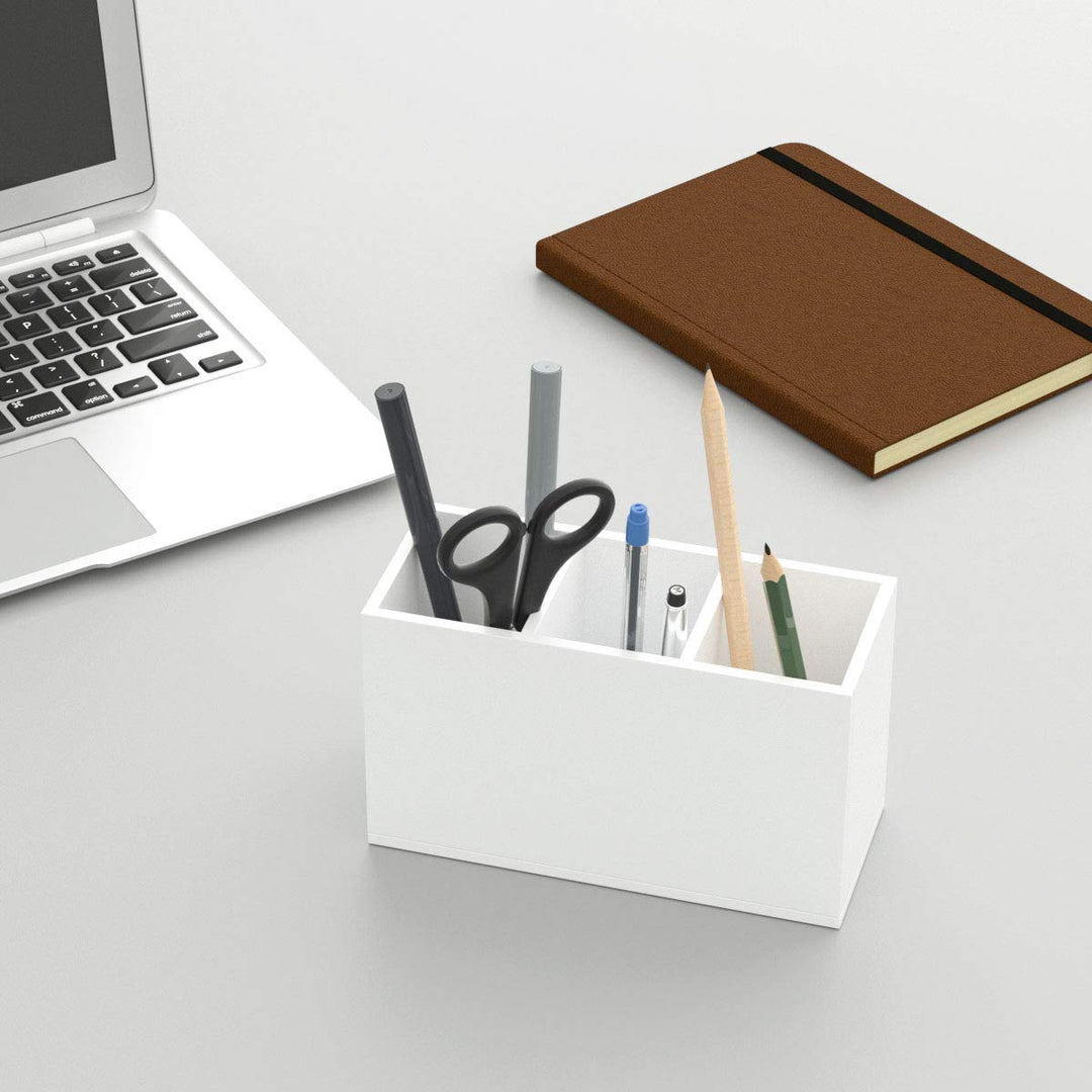 Acrylic Pen Holder 3 Compartments, White Pencil Organizer Cup for Countertop Desk Accessory Storage