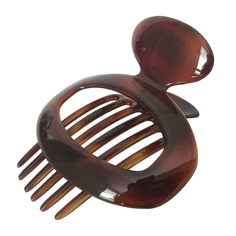 French Large Oval Shell Brown 4 Inches Celluloid Side Slide In Secure Grip Hair Updo Hinge Hair Claw