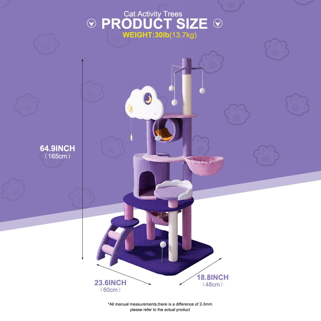 Multi-Level Cat Tower, Cute Purple Cat Tree for Large Cats 67 Inches Cat Condos for Indoor Cats Kitten House with Scratching Posts & Hammock, Pet Cat Castle with Comfortable Plush