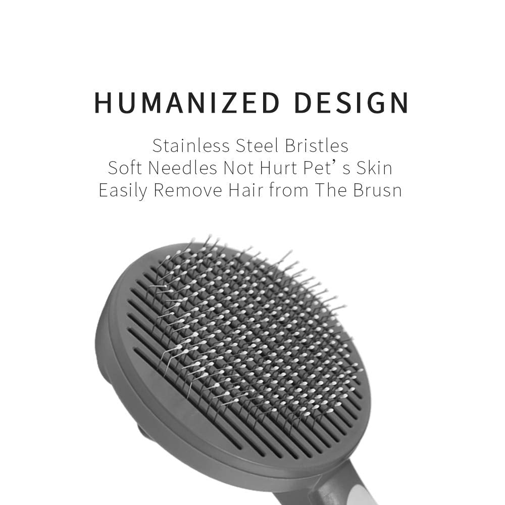 Pet Grooming Brush with Release Button for Cats and Dogs - Self-Cleaning Brush for Short, Medium & Long Fur (Grey)