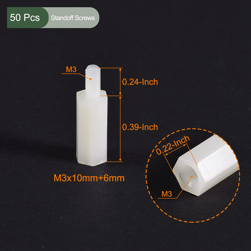 50 Pcs M3 Standoff Screws, Nylon Hex PCB Standoffs with High Insulation Effect, Keep Height Consistent, Great for Motherboard (White, 10mm+6mm)