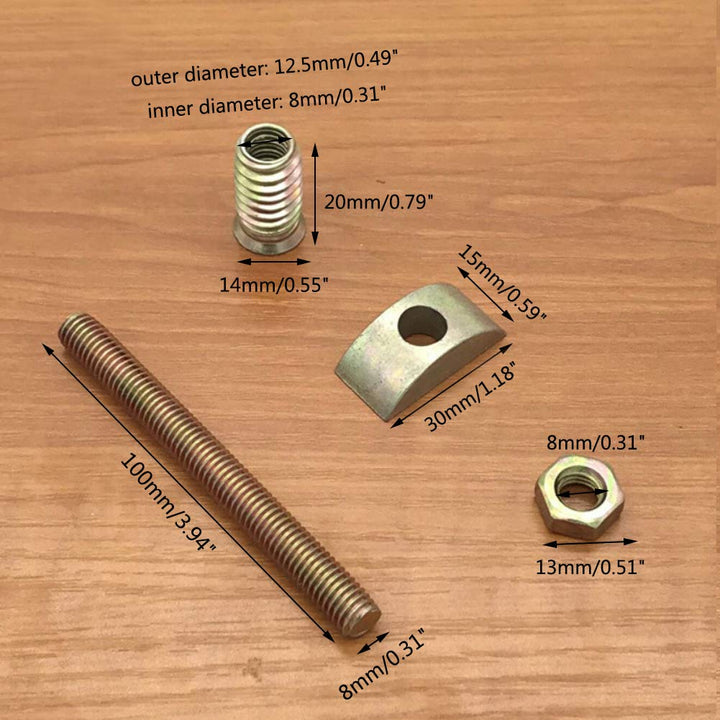 6 Pieces M8x100 mm Panel Furniture Wardrobe Four-in-one Connectors Fittings Table Bed Assembly Fasteners Bolts Nuts Threads Half Moon Spacers
