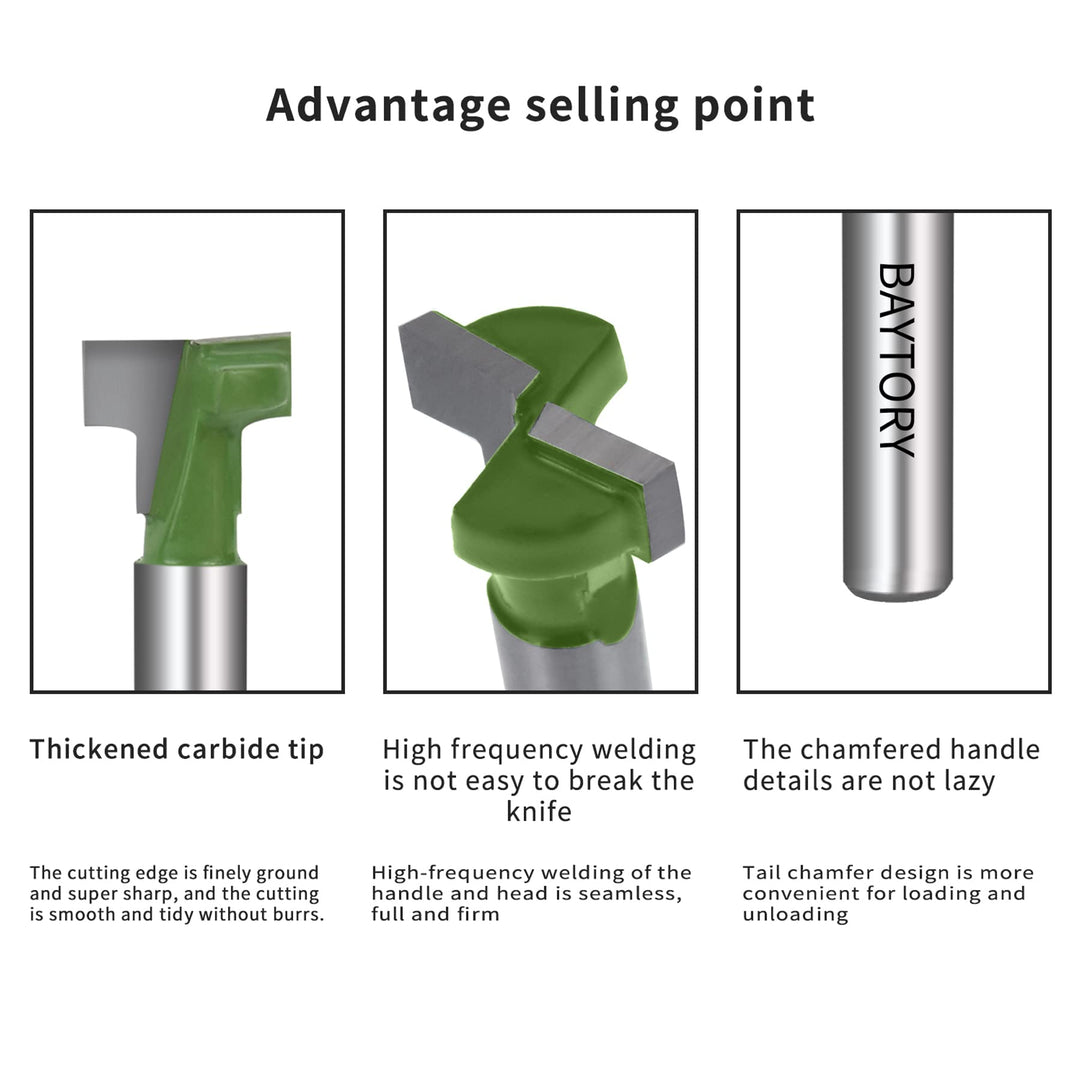 6Pcs Keyhole Router Bits Set, 1/4 Shank Router Keyhole Bit Set -1/4 & 5/16 & 3/8 & 9/16 & 1/2 & 5/8 inch Blade Diameter for Wood Hex Bolt T-Track Slotting Milling Cutters Set (Green)