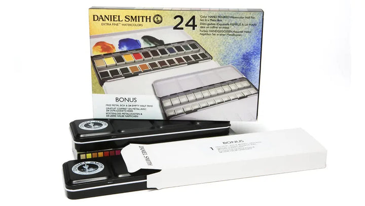 Daniel Smith Color Hand Poured Pan Set with BONUS Metal Box and Empty Half Pans, 24 Units (Pack of 1)