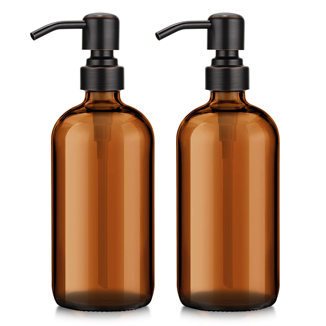 Amber Glass Soap Dispenser, 2 Pack Thick Glass Soap Dispenser with Bronze Stainless Steel Pumps, 17 Oz Hand Soap Dispenser Bottle for Liquid Lotion, Bathroom Kitchen Dish Soap Dispenser
