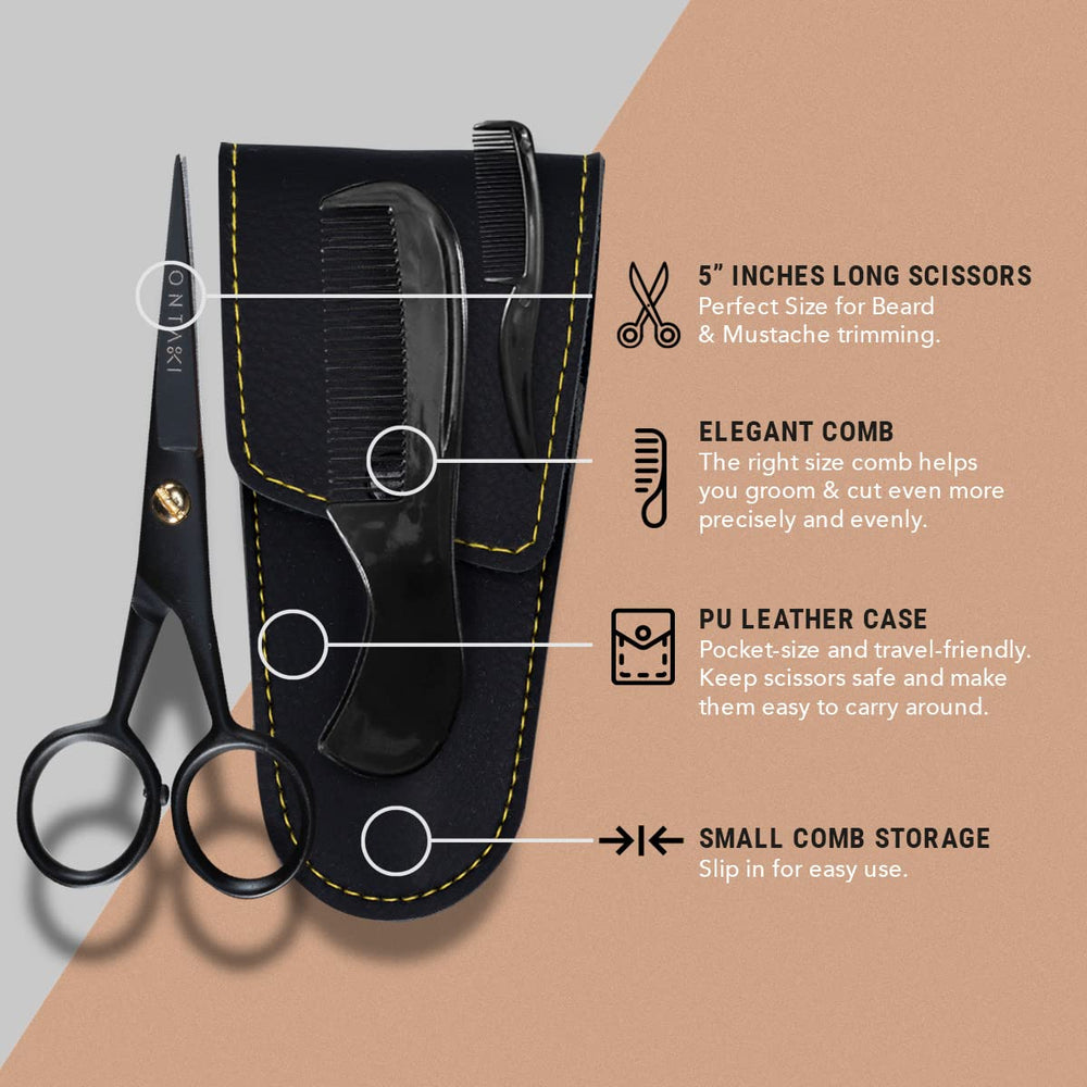 Ontaki 5 Professional German Beard & Mustache Scissors with 2 Comb & Carrying Pouch for Men - Bevel Edge for Precision - Facial Hair Grooming Kit All Body Hair - Black - Beard Trimming Scissors