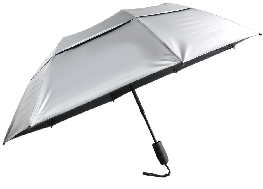 46 UV Protection Silver Coated Vented Canopy Umbrella with Auto Open Telescopic Fiberglass Shaft. Folding Portable Sun Tech