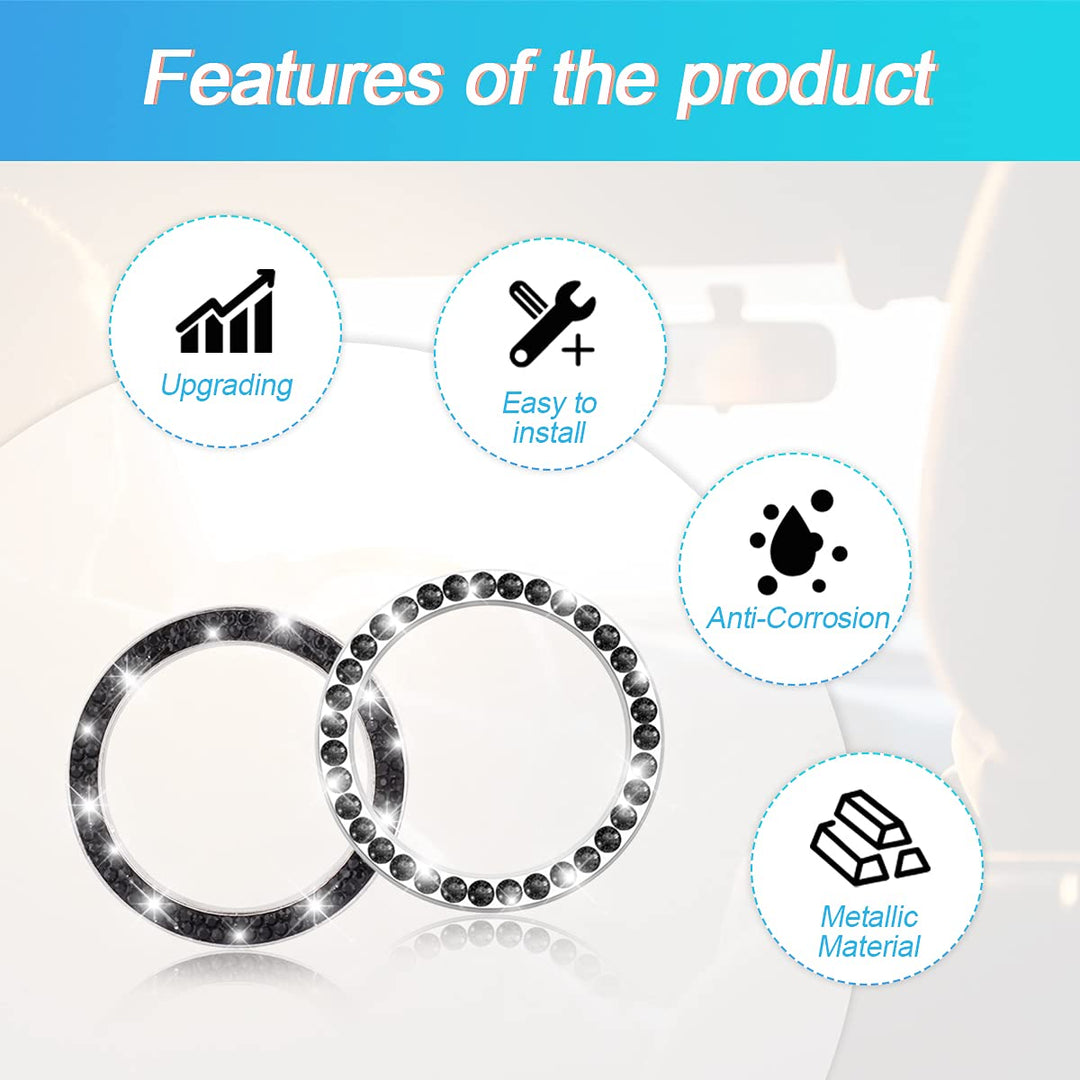 Car Bling Crystal Rhinestone Engine Start Ring Stickers, 1 Single Drainage Drill and 1 Double Drainage Drill Car Start Button Cover, Key Ignition Knob Bling Ring Decals, Bling Car Accessories(Black)