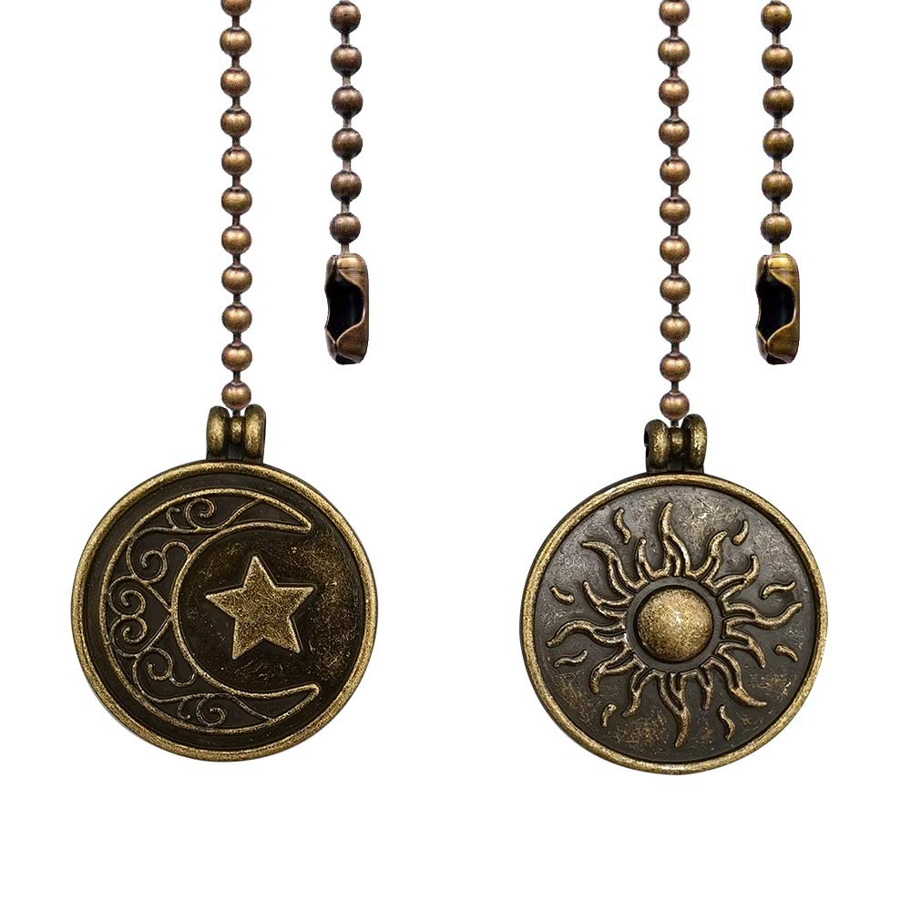 Copper Ceiling Fan Pull Chain Set, Decorative Totem Fan Pull Chain Pendant Extension, 12 Inches Lighting & Fan Beaded Ball Chain Extender Ornament with Connector, Moon and Sun (2Pack)