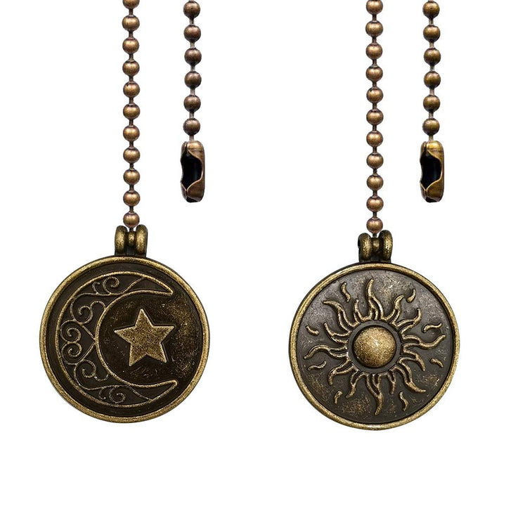 Copper Ceiling Fan Pull Chain Set, Decorative Totem Fan Pull Chain Pendant Extension, 12 Inches Lighting & Fan Beaded Ball Chain Extender Ornament with Connector, Moon and Sun (2Pack)