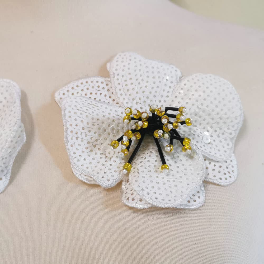 2 pcs Sequins Patch DIY Flower Beaded Patches for Clothes Sew On Paillette Embroidered Patch Motif Applique (White)
