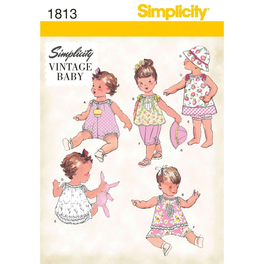 Simplicity 1813 Vintage Fashion Baby's Hat, Underwear, Pants, Top, Romper, and Dress Swing Patterns, Sizes XXS-L