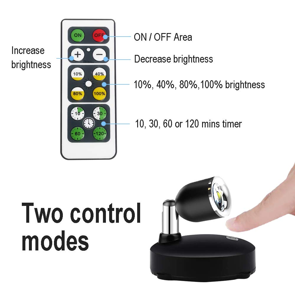 LED Spotlight, Battery Operated Lights with Remote Control, Dimmable Mini Accent Lighting for Picture Closet Artwork (Black)…