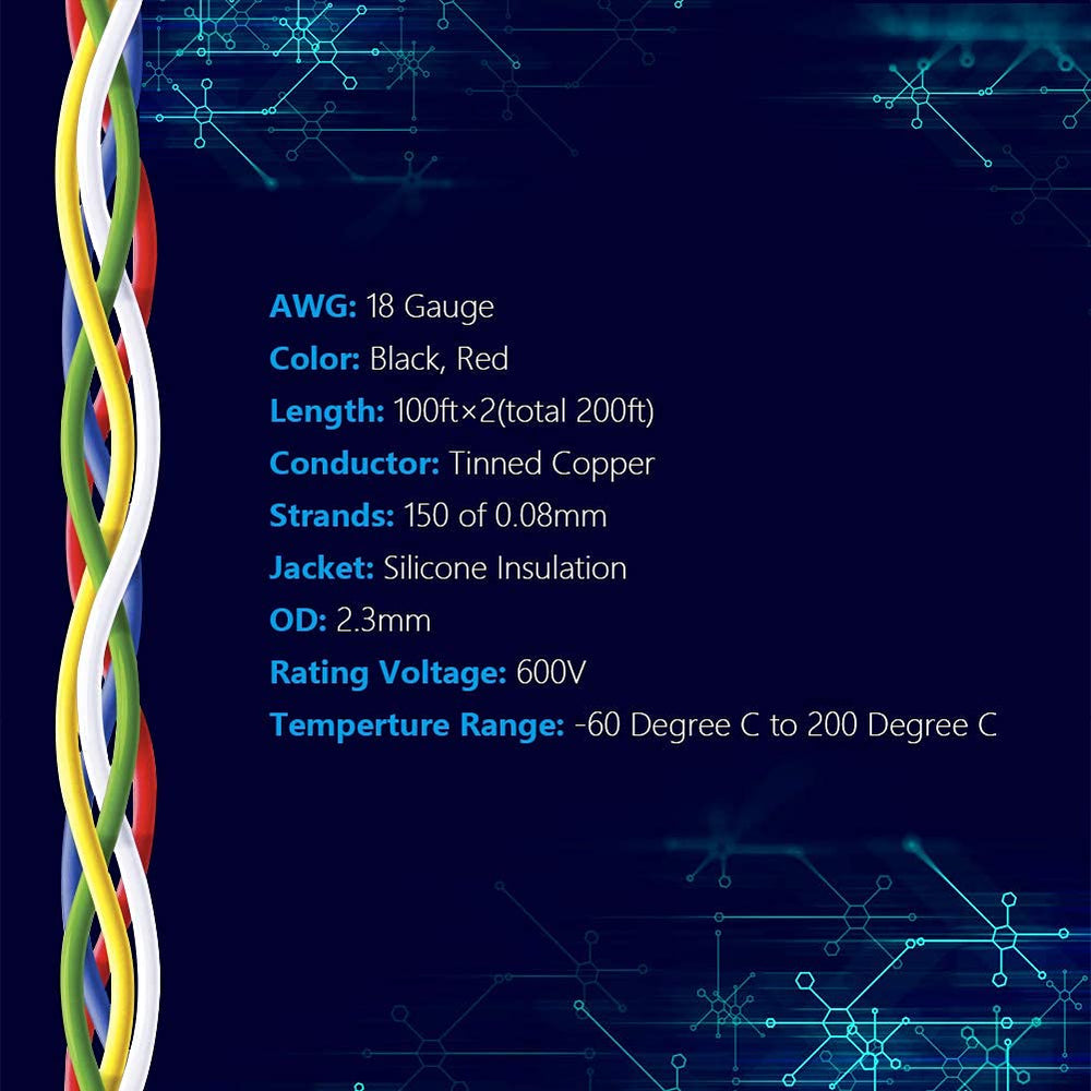 18 AWG Stranded Wire Spool 100ft Each 2 Colors Flexible 18 Gauge Silicone Hook up Wire Kit Electrical Tinned Copper Wire