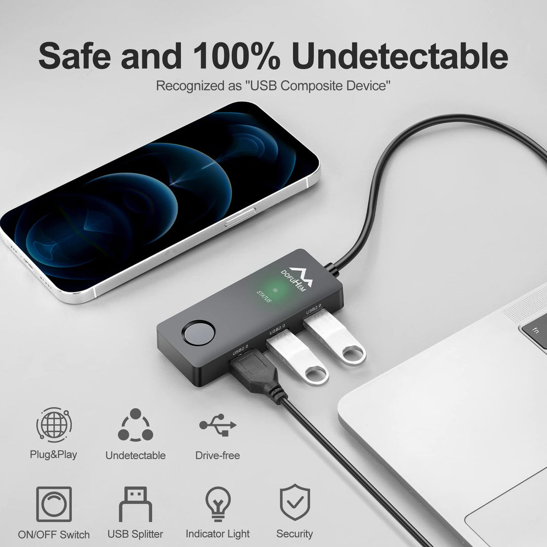 with USB Hub Mouse Jiggler with 3 USB Ports, Hub Mouse Mover, Undetectable USB Mouse Jiggler with ON/Off Switch, Random Move Mouse, Driver-Free, Plug and Play, Includ Type-C Adapter, Black