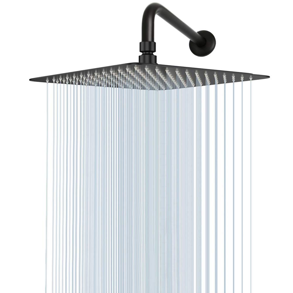 Rain Shower Head With Extension Arm, Square Shower Heads, Large Stainless Steel Rainfall Showerhead-Waterfall Full Body Coverage (12 Inch Shower Head With 15 Inch Shower Arm, Matte Black)