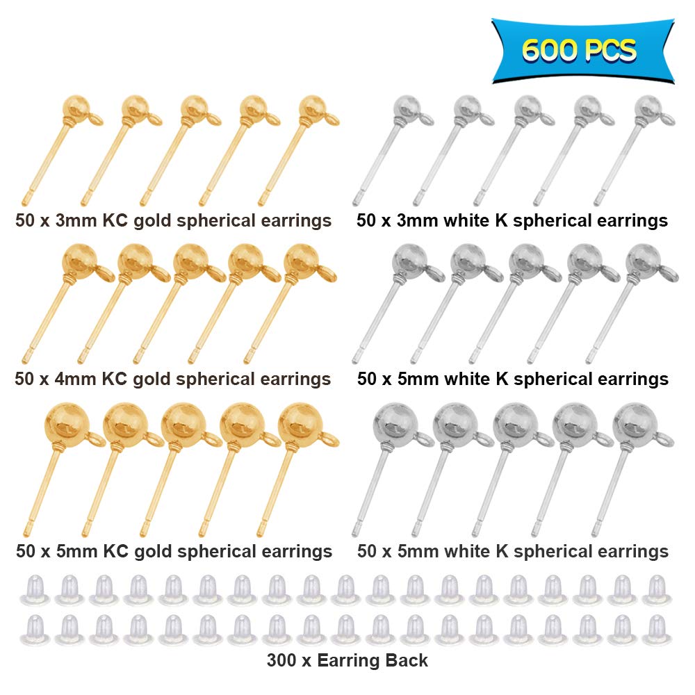 300pcs Ball Earring Studs with 300pcs Rubber Earring Safety Backs,Round Earrings Spherical Earrings Hypoallergenic Ear Pins for DIY Jewelry Earring Making